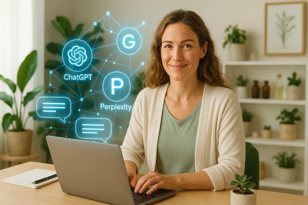 Answer engine optimisation illustrated by a female practitioner wearing a beige cardigan and green top, working on a laptop at a desk, with visual icons representing AI answer engines such as ChatGPT and Perplexity displayed beside her.