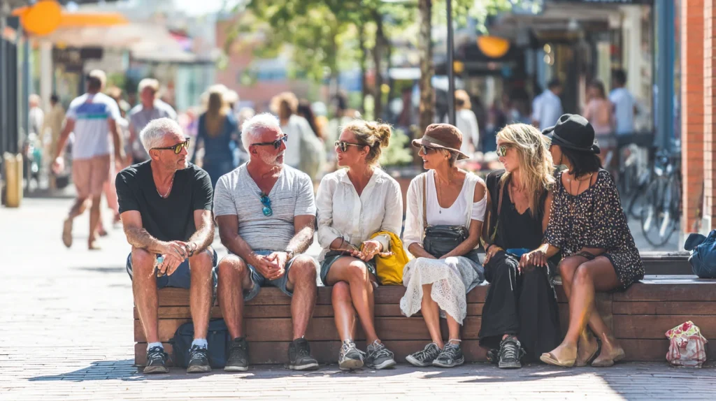 Creating customer personas that work as illustrated by a diverse group of adults sitting and talking on a busy street bench.