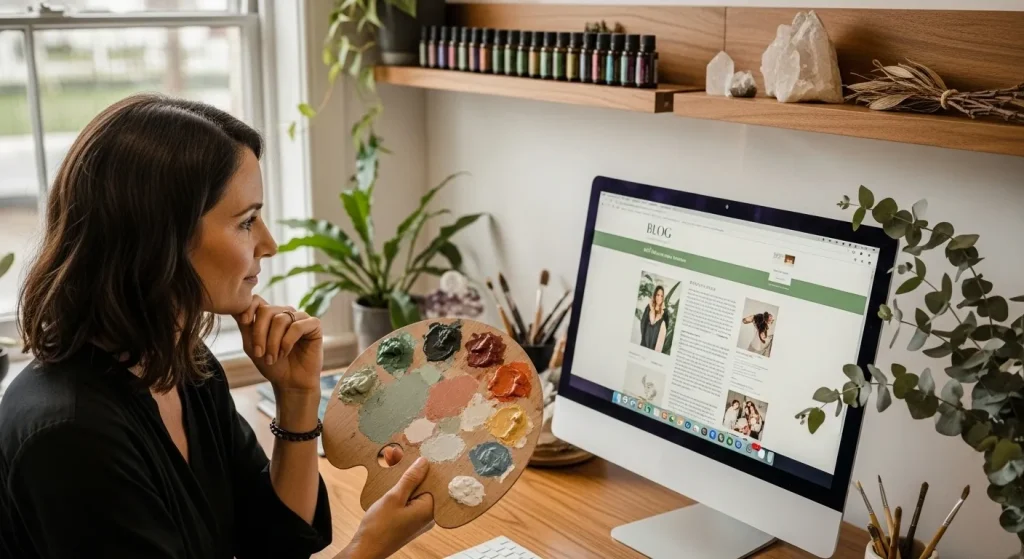 Natural health practitioner holding artist's palette while designing article content on computer in naturally lit clinic with plants and essential oils, representing creative approach to digital marketing and Answer Engine Optimisation for natural health practitioners