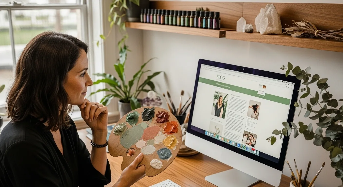 Natural health practitioner holding artist's palette while designing article content on computer in naturally lit clinic with plants and essential oils, representing creative approach to digital marketing and Answer Engine Optimisation for natural health practitioners