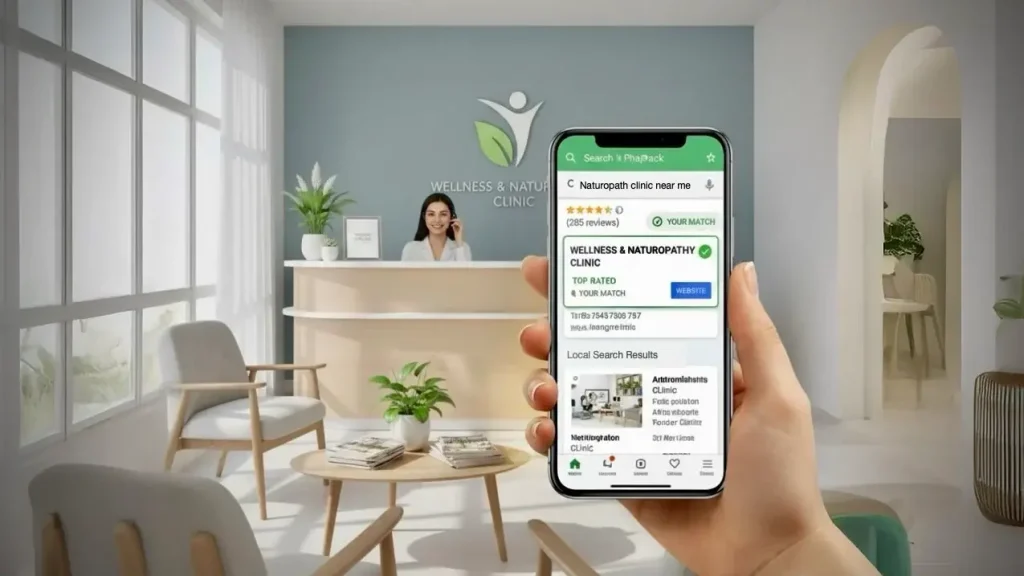 Hand holding a phone showing a Google Map Pack listing for a naturopath clinic, with a wellness and natural health clinic reception in the background.