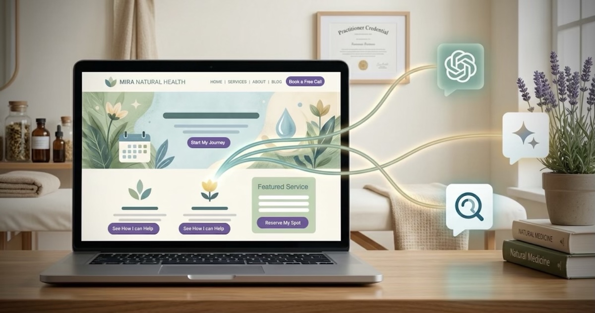 A practitioner website connecting to AI search platforms, illustrating how website content drives AI recommendations for natural health practitioners.