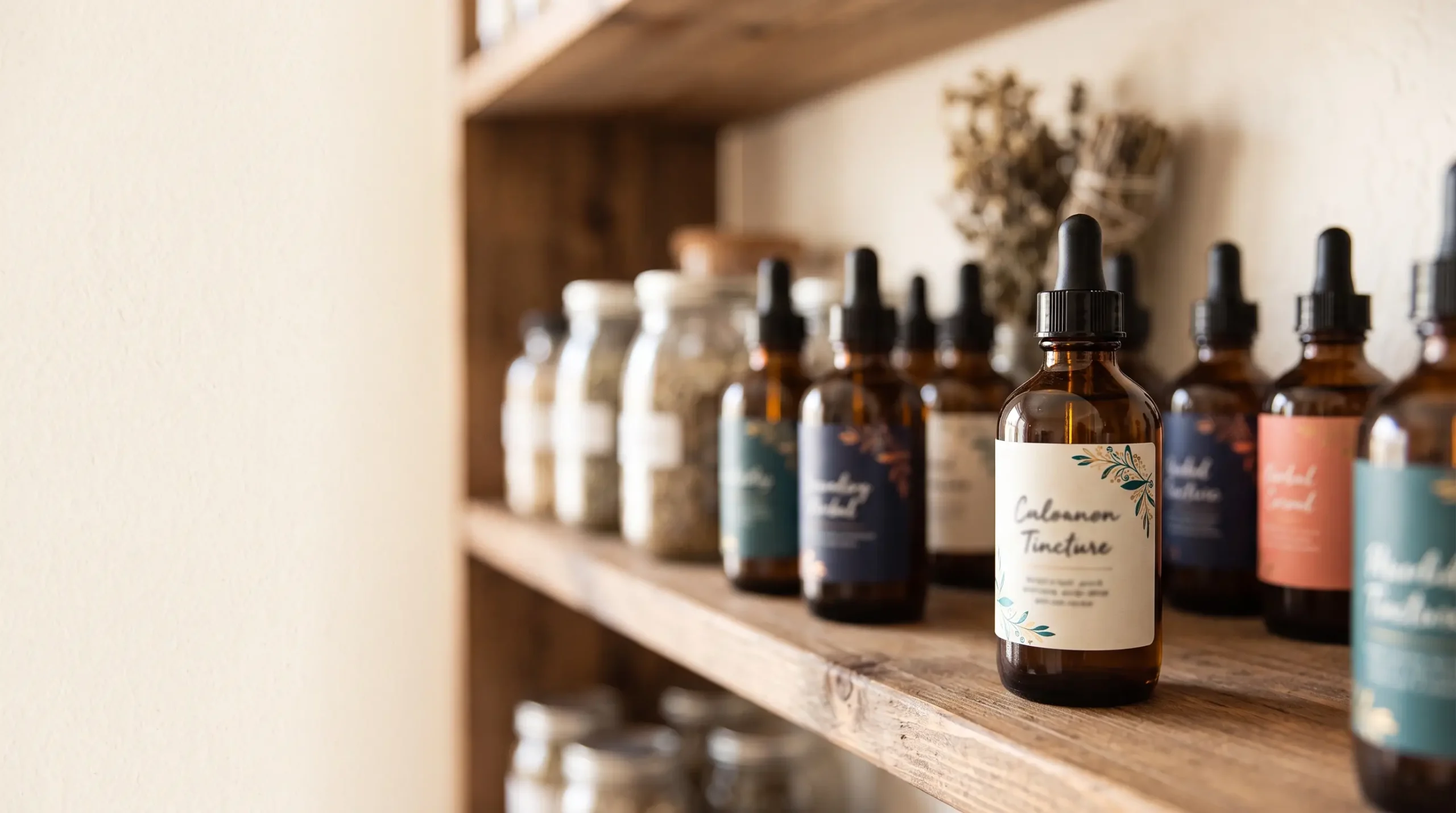 Amber tincture bottles with clear labels on a practitioner's dispensary shelf, a metaphor for how schema markup labels a website.